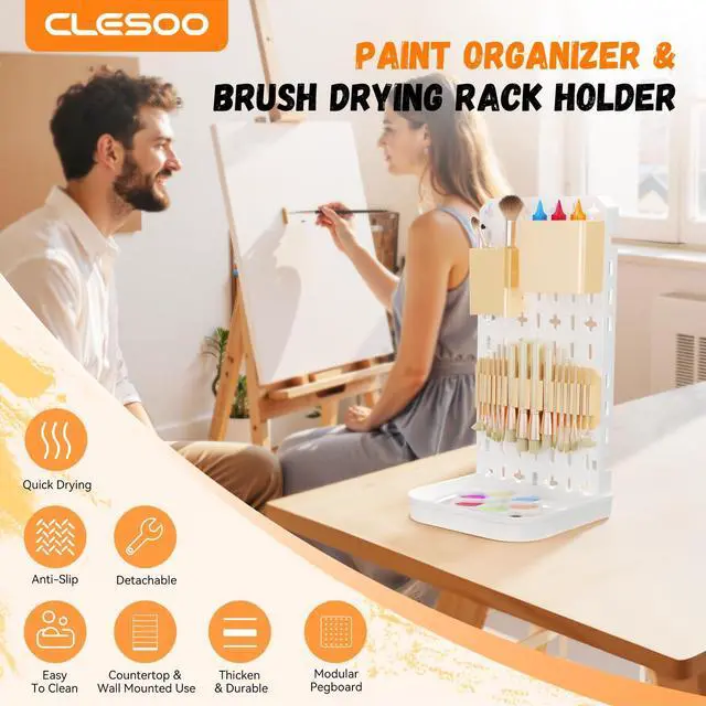 Alt view image 3 of 7 - Paint Brush Holder with Drip Tray & Silicone Paint Brush Drying Rack,2 Removable Pegboard Bins for Artist Brush Holder,Paint Brush Stand White Pegboard for Desktop & Wall-Mount for Acrylic Paint Brush