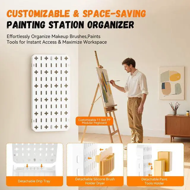 Alt view image 4 of 7 - Paint Brush Holder with Drip Tray & Silicone Paint Brush Drying Rack,2 Removable Pegboard Bins for Artist Brush Holder,Paint Brush Stand White Pegboard for Desktop & Wall-Mount for Acrylic Paint Brush