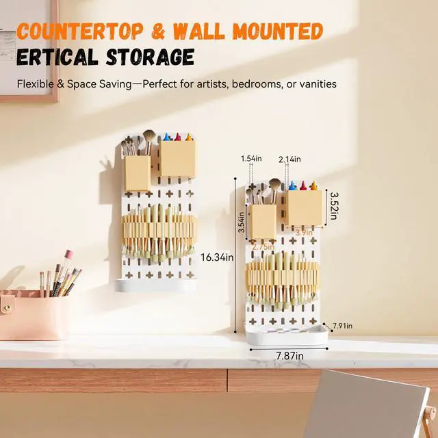 Alt view image 5 of 7 - Paint Brush Holder with Drip Tray & Silicone Paint Brush Drying Rack,2 Removable Pegboard Bins for Artist Brush Holder,Paint Brush Stand White Pegboard for Desktop & Wall-Mount for Acrylic Paint Brush