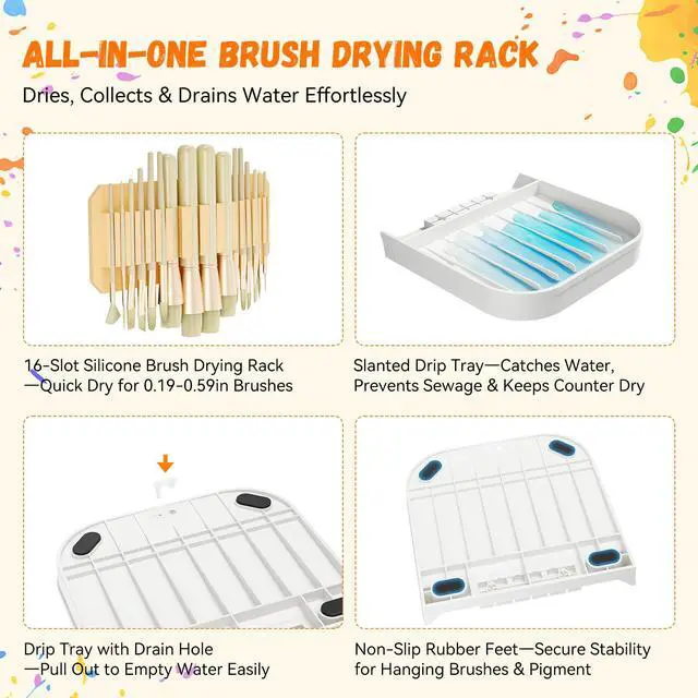Alt view image 7 of 7 - Paint Brush Holder with Drip Tray & Silicone Paint Brush Drying Rack,2 Removable Pegboard Bins for Artist Brush Holder,Paint Brush Stand White Pegboard for Desktop & Wall-Mount for Acrylic Paint Brush