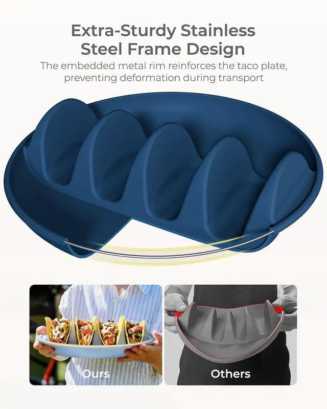 Alt view image 3 of 7 - 2 Pack Silicone Taco Holder Plates with Metal Reinforced Frame, Reusable Taco Holder Silicone Taco Plates for Hard and Soft Tacos, Taco Serving Plates for Party, Dishwasher-Safe Taco Holders Set of 2