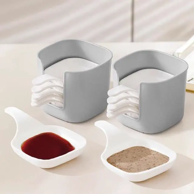 Alt view image 4 of 7 - 6Pcs Plastic Dipping Dish with Storage Box Mini Home Kitchen Seasoning Sauce Dishes Bowls Plate Dish Serving Tray for Sampling and Dipping Restaurant Home Party Use, White+Grey