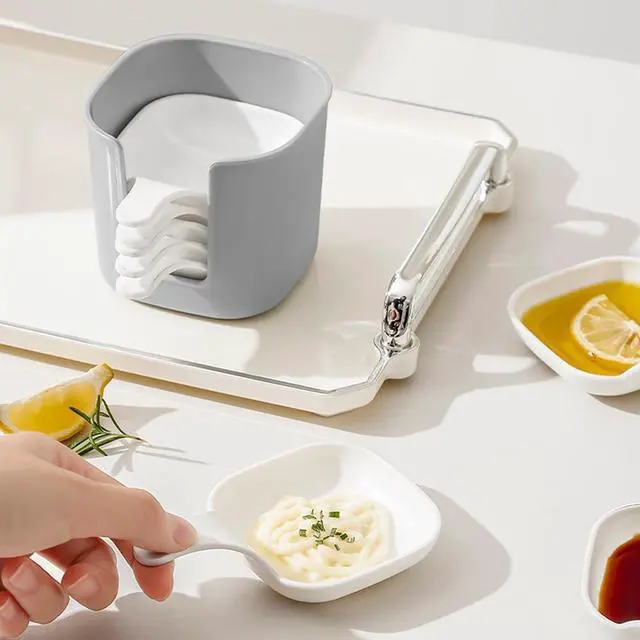 Alt view image 7 of 7 - 6Pcs Plastic Dipping Dish with Storage Box Mini Home Kitchen Seasoning Sauce Dishes Bowls Plate Dish Serving Tray for Sampling and Dipping Restaurant Home Party Use, White+Grey