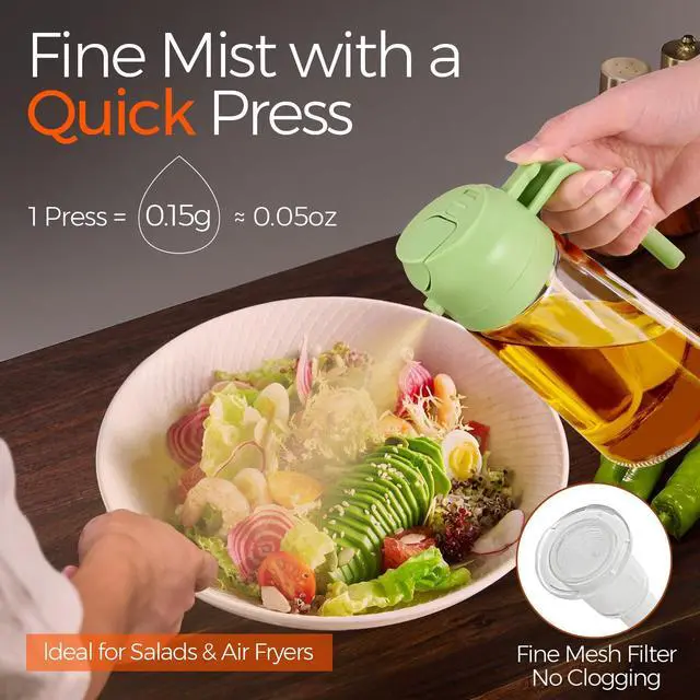 Alt view image 3 of 7 - 16oz/470ml Glass Olive Oil Sprayer for Cooking with Stickers, 2 in 1 Oil Dispenser for Kitchen Gadgets, Food Grade Premium Spray Bottle with Portion Control for Salad, Frying, BBQ (Green)