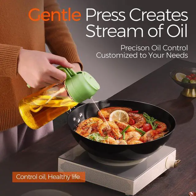 Alt view image 4 of 7 - 16oz/470ml Glass Olive Oil Sprayer for Cooking with Stickers, 2 in 1 Oil Dispenser for Kitchen Gadgets, Food Grade Premium Spray Bottle with Portion Control for Salad, Frying, BBQ (Green)