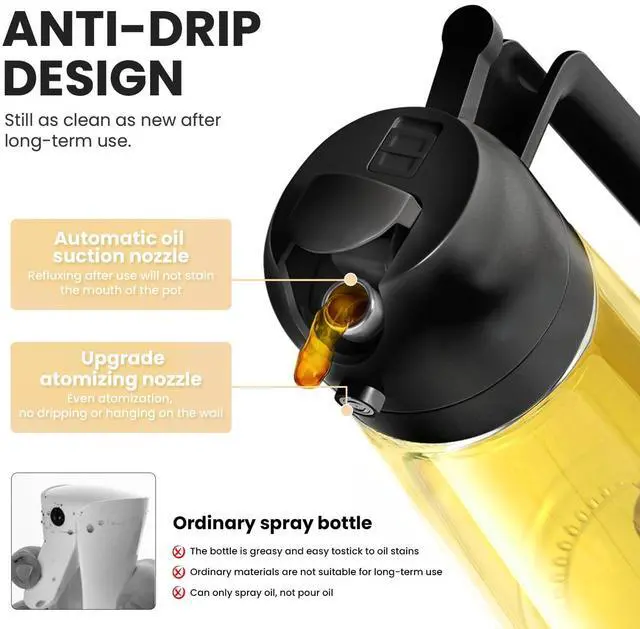 Alt view image 5 of 5 - 2-in-1 Oil Mister & Pourer, Glass Cooking Oil Container, Food-Safe Olive Oil Sprayer, Dual-Function Spray & Pour, Leakproof Refillable Bottle for Air Fryer, Salad, BBQ, Kitchen Baking