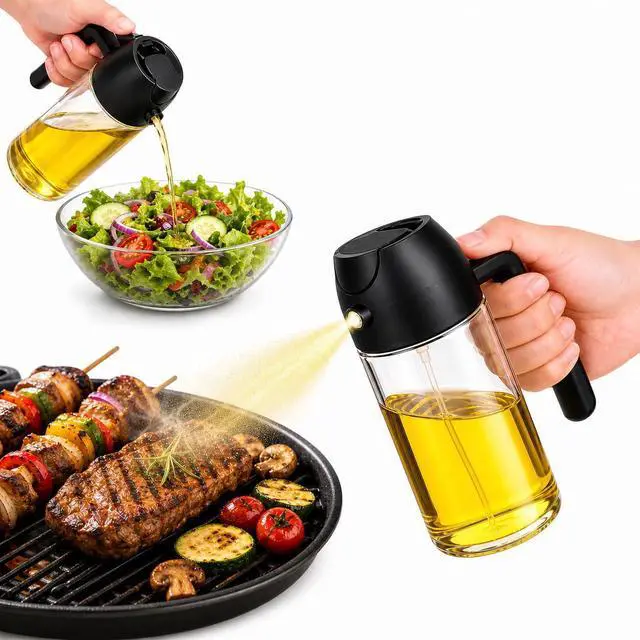 Main image of 2-in-1 Olive Oil Sprayer and Dispenser Bottle, Glass, Wide Caliber, for Cooking, Salad, BBQ Grilling