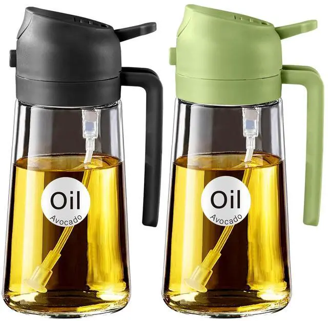 Main image of Olive Oil Dispenser, 2 in 1 Oil Sprayer for Cooking, 16oz/470ml Glass Oil Spray Bottle with Pourer, Food-grade Oil Dispenser and Oil Sprayer for Kitchen, Salad, Frying, BBQ (Black & Green)