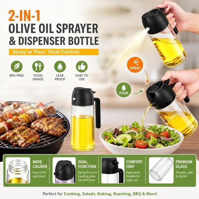 Alt view image 2 of 3 - 2-in-1 Olive Oil Sprayer and Dispenser Bottle, Glass, Wide Caliber, for Cooking, Salad, BBQ Grilling