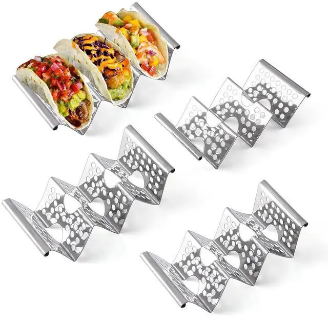 Main image of Taco Holders Set of 4, Taco Stand, Stainless Steel Taco Holder, Each Can Hold 3 Tortillas, with Easy-Access Handle, Fits Microwave, Air Fryer and Oven