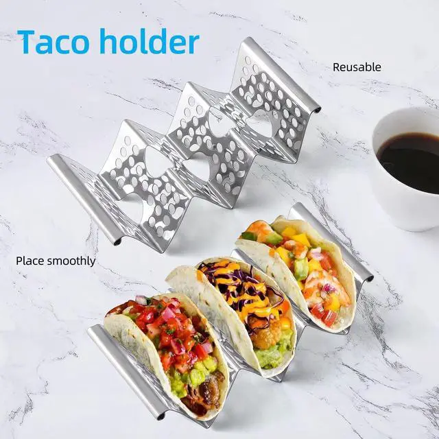 Alt view image 3 of 7 - Taco Holders Set of 4, Taco Stand, Stainless Steel Taco Holder, Each Can Hold 3 Tortillas, with Easy-Access Handle, Fits Microwave, Air Fryer and Oven