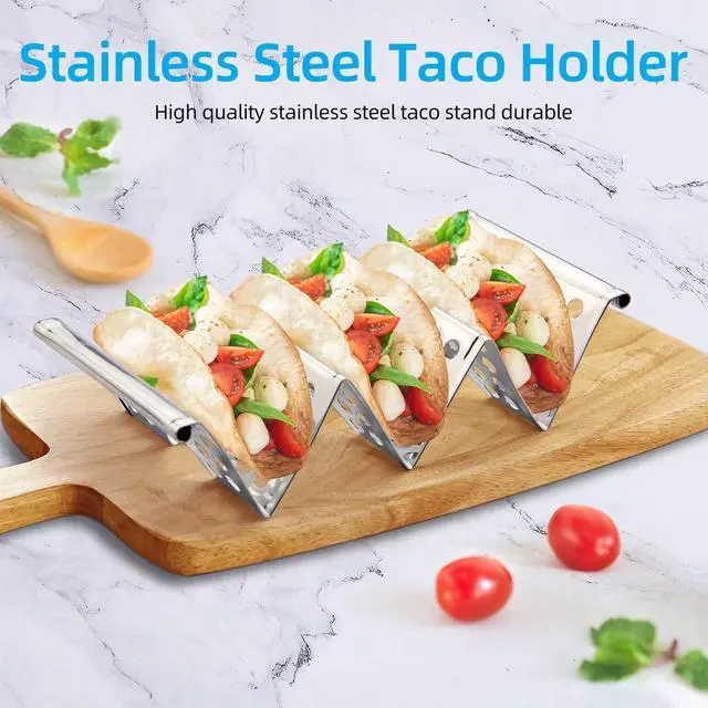 Alt view image 4 of 7 - Taco Holders Set of 4, Taco Stand, Stainless Steel Taco Holder, Each Can Hold 3 Tortillas, with Easy-Access Handle, Fits Microwave, Air Fryer and Oven