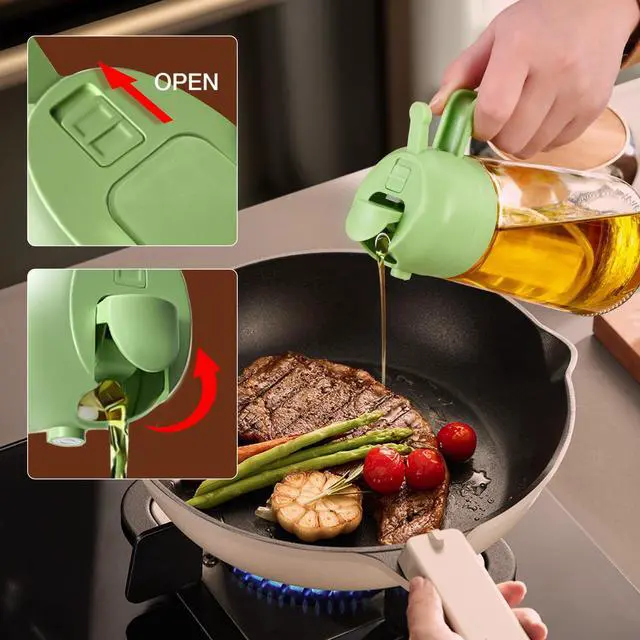 Alt view image 7 of 7 - 16oz/470ml Glass Olive Oil Sprayer for Cooking with Stickers, 2 in 1 Oil Dispenser for Kitchen Gadgets, Food Grade Premium Spray Bottle with Portion Control for Salad, Frying, BBQ (Green)
