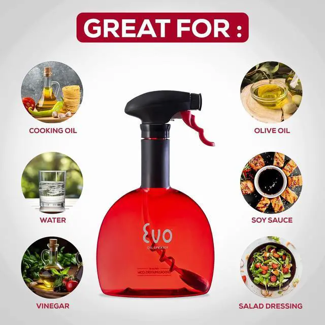 Alt view image 2 of 7 - Evo Original Oil Sprayer Bottle | Non-Aerosol for Olive Oil, Cooking Oils, Vinegars | 24-Oz Capacity | Rotatable Nozzle | Gourmet Cooking Tools - Food-Safe Materials | Red