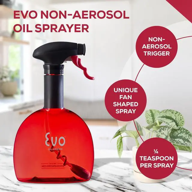 Alt view image 3 of 7 - Evo Original Oil Sprayer Bottle | Non-Aerosol for Olive Oil, Cooking Oils, Vinegars | 24-Oz Capacity | Rotatable Nozzle | Gourmet Cooking Tools - Food-Safe Materials | Red