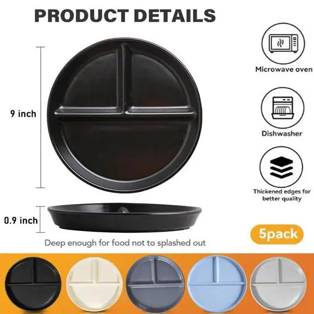 Alt view image 4 of 7 - Portion Control Plate for Balanced Eating (5 Pack), 9" Unbreakable Divided Plates,3 Compartment Plates, Reusable Plastic Plates,Weight Loss, BPA Free