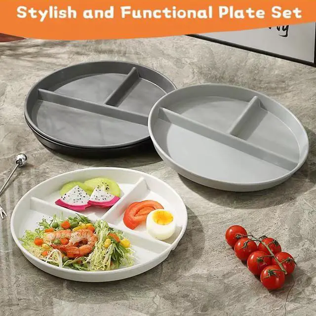 Alt view image 5 of 7 - Portion Control Plate for Balanced Eating (5 Pack), 9" Unbreakable Divided Plates,3 Compartment Plates, Reusable Plastic Plates,Weight Loss, BPA Free