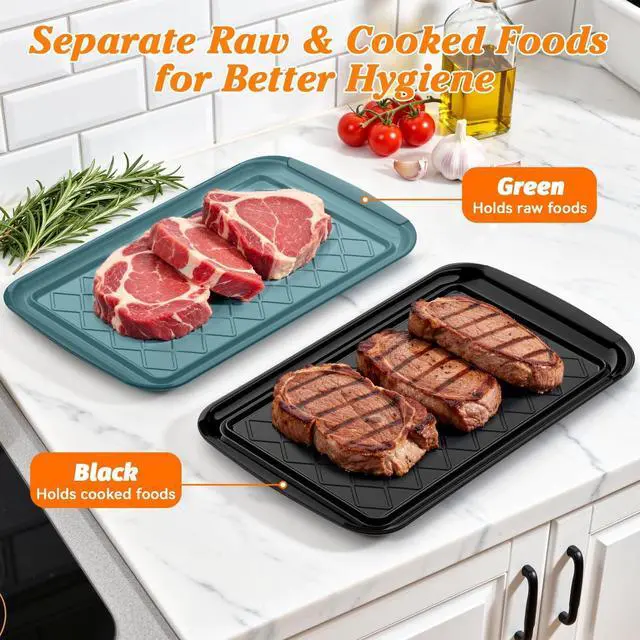 Alt view image 3 of 7 - Grilling Prep & Serve Trays for Party- Set of 2, Large Serving Platters for Raw and Cooked Food, Dishwasher Safe, 17"×10.5" Stackable Plastic Party Supplies for Grilling, BBQ, Meal Prep - Green, Black