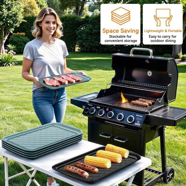 Alt view image 5 of 7 - Grilling Prep & Serve Trays for Party- Set of 2, Large Serving Platters for Raw and Cooked Food, Dishwasher Safe, 17"×10.5" Stackable Plastic Party Supplies for Grilling, BBQ, Meal Prep - Green, Black