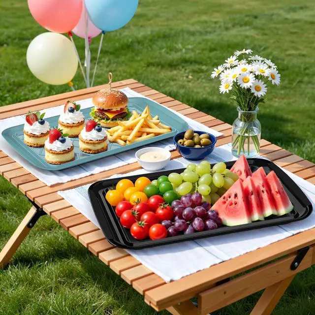 Alt view image 7 of 7 - Grilling Prep & Serve Trays for Party- Set of 2, Large Serving Platters for Raw and Cooked Food, Dishwasher Safe, 17"×10.5" Stackable Plastic Party Supplies for Grilling, BBQ, Meal Prep - Green, Black