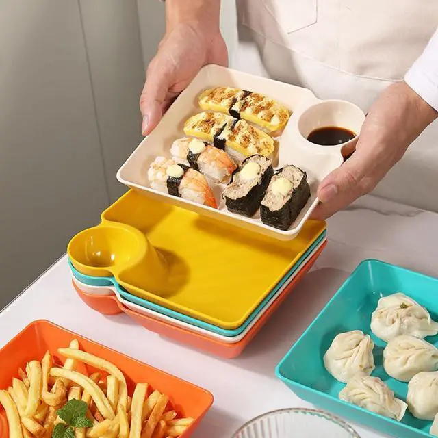 Alt view image 2 of 7 - 4 Pcs Chips and Salsa Serving Dish Plates, Veggie Platter Dipping Serving Trays with Sauce Rack for Buffet Family Party Appetizer Sushi Taco Salsa Charcuterie Barbecue Plate, Reusable (Mixed Colors)