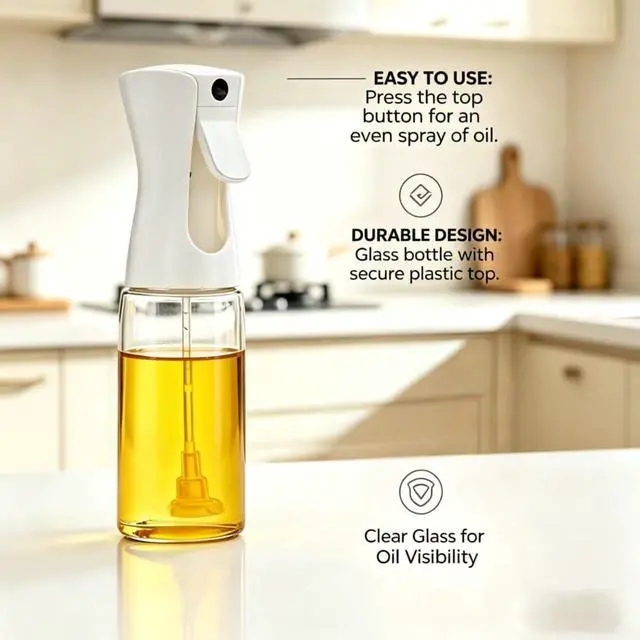 Alt view image 6 of 7 - Olive Oil Sprayer for Cooking, 220ml Glass Oil Dispenser for Kitchen Gadgets, Food Grade Premium Clear Spray Bottle for Salad, Frying, BBQ (White)