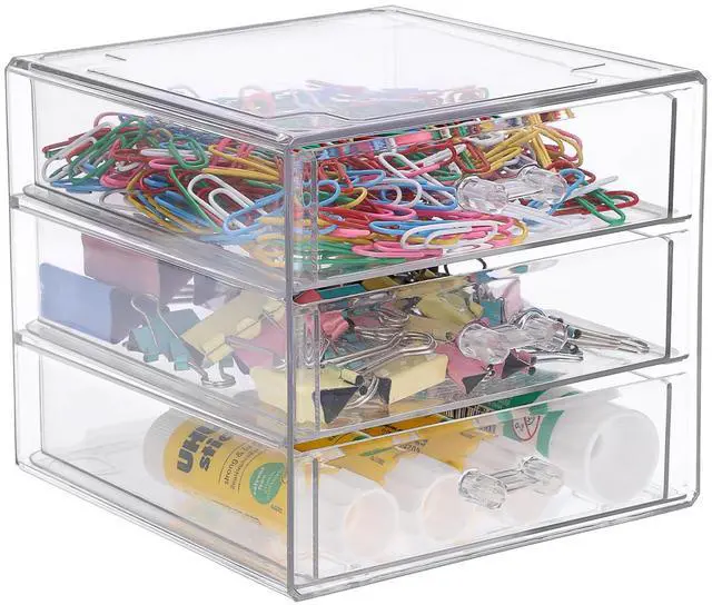 Main image of Clear Acrylic Storage Organizer with Drawers, 3-Layer Desktop Organizer for Office Essentials, Multi-Purpose Stackable Container for Bathroom Vanity, Desk Makeup Jewelry Container Storage Box