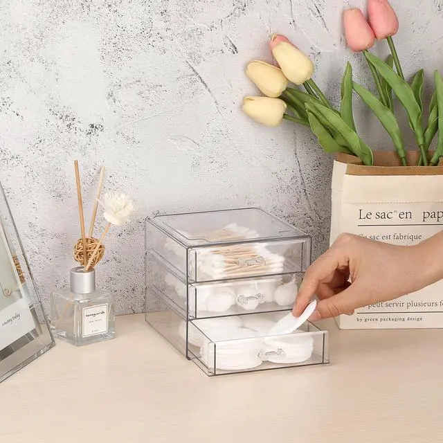 Alt view image 2 of 7 - Clear Acrylic Storage Organizer with Drawers, 3-Layer Desktop Organizer for Office Essentials, Multi-Purpose Stackable Container for Bathroom Vanity, Desk Makeup Jewelry Container Storage Box