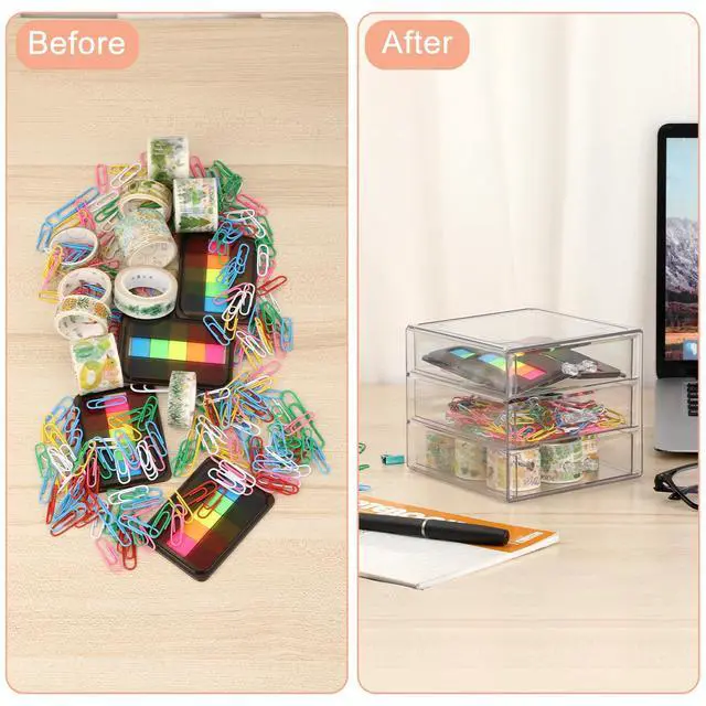 Alt view image 6 of 7 - Clear Acrylic Storage Organizer with Drawers, 3-Layer Desktop Organizer for Office Essentials, Multi-Purpose Stackable Container for Bathroom Vanity, Desk Makeup Jewelry Container Storage Box