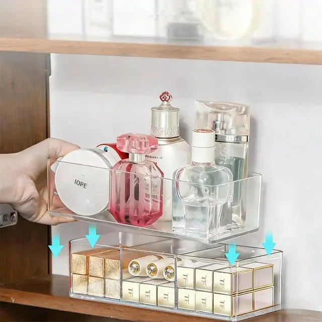 Alt view image 2 of 6 - Clear Plastic Acrylic Makeup Organizer: Bathroom Organizer for Countertop - Stackable Cosmetic Organizer for Vanity, Desk, Kitchen and Makeup Storage (3-Compartment)