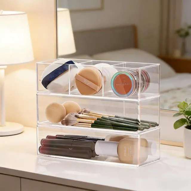 Alt view image 5 of 6 - Clear Plastic Acrylic Makeup Organizer: Bathroom Organizer for Countertop - Stackable Cosmetic Organizer for Vanity, Desk, Kitchen and Makeup Storage (3-Compartment)