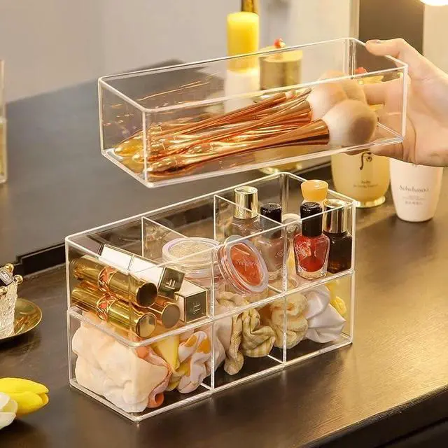 Alt view image 6 of 6 - Clear Plastic Acrylic Makeup Organizer: Bathroom Organizer for Countertop - Stackable Cosmetic Organizer for Vanity, Desk, Kitchen and Makeup Storage (3-Compartment)