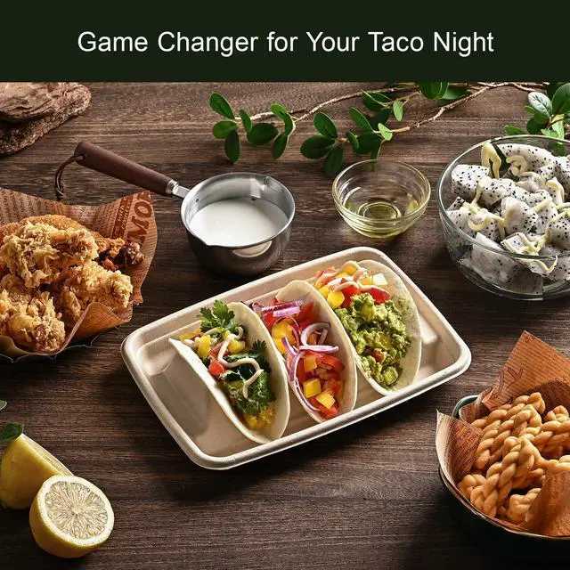 Alt view image 2 of 6 - 24PCS Disposable Taco Holders for Party, Premium Paper Taco Plates with 3 Dividers, Fiesta Tacos Holder Tray for Taco Tuesday Bar Serving Set, Decorations Supplies