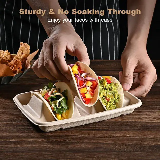 Alt view image 3 of 6 - 24PCS Disposable Taco Holders for Party, Premium Paper Taco Plates with 3 Dividers, Fiesta Tacos Holder Tray for Taco Tuesday Bar Serving Set, Decorations Supplies