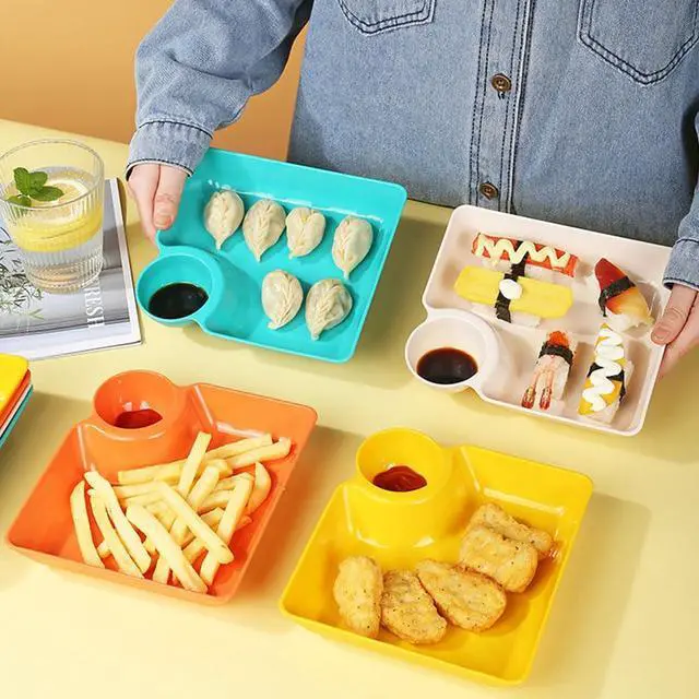 Alt view image 3 of 7 - 4 Pcs Chips and Salsa Serving Dish Plates, Veggie Platter Dipping Serving Trays with Sauce Rack for Buffet Family Party Appetizer Sushi Taco Salsa Charcuterie Barbecue Plate, Reusable (Mixed Colors)