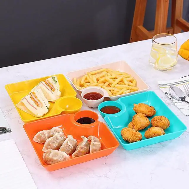 Alt view image 4 of 7 - 4 Pcs Chips and Salsa Serving Dish Plates, Veggie Platter Dipping Serving Trays with Sauce Rack for Buffet Family Party Appetizer Sushi Taco Salsa Charcuterie Barbecue Plate, Reusable (Mixed Colors)