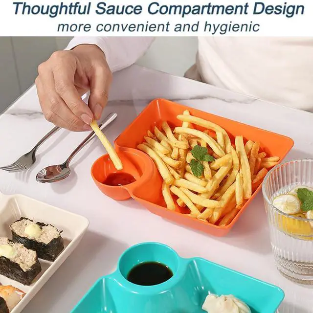 Alt view image 5 of 7 - 4 Pcs Chips and Salsa Serving Dish Plates, Veggie Platter Dipping Serving Trays with Sauce Rack for Buffet Family Party Appetizer Sushi Taco Salsa Charcuterie Barbecue Plate, Reusable (Mixed Colors)