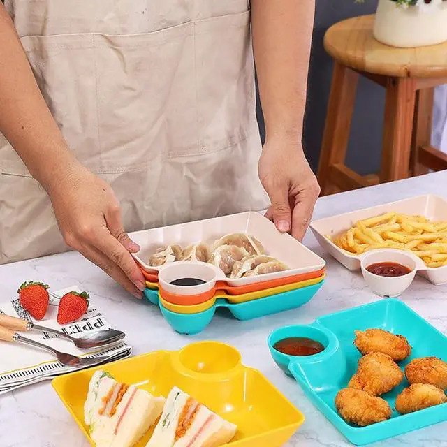 Alt view image 7 of 7 - 4 Pcs Chips and Salsa Serving Dish Plates, Veggie Platter Dipping Serving Trays with Sauce Rack for Buffet Family Party Appetizer Sushi Taco Salsa Charcuterie Barbecue Plate, Reusable (Mixed Colors)