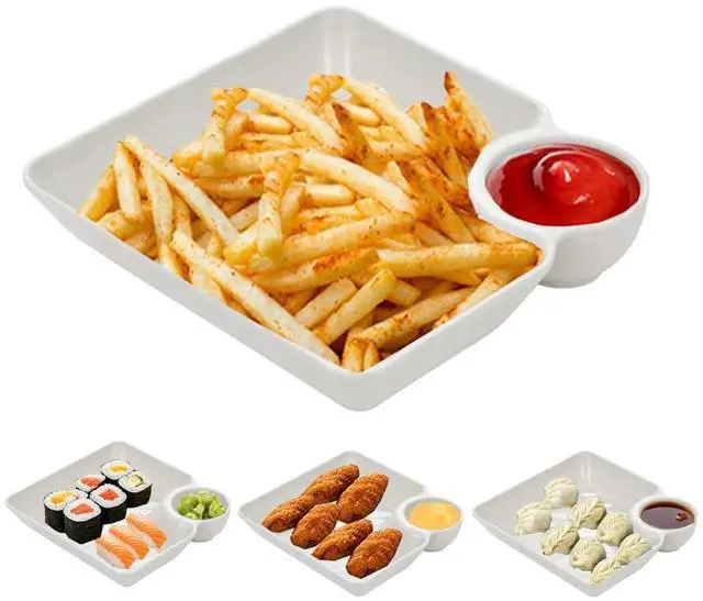 Main image of 4 Pcs Chips and Salsa Serving Dish Plates, Veggie Platter Dipping Serving Trays with Sauce Rack for Buffet Family Party Appetizer Sushi Taco Salsa Charcuterie Barbecue Plate, Reusable (White 4PCS)