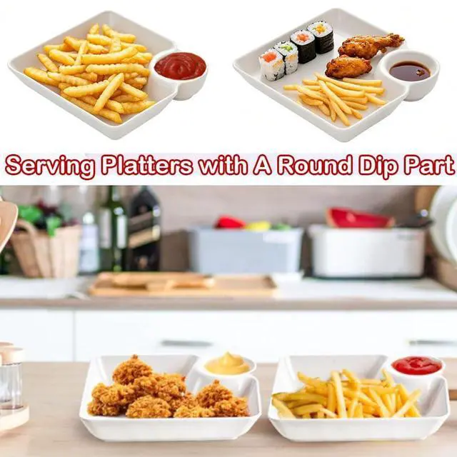 Alt view image 2 of 7 - 4 Pcs Chips and Salsa Serving Dish Plates, Veggie Platter Dipping Serving Trays with Sauce Rack for Buffet Family Party Appetizer Sushi Taco Salsa Charcuterie Barbecue Plate, Reusable (White 4PCS)