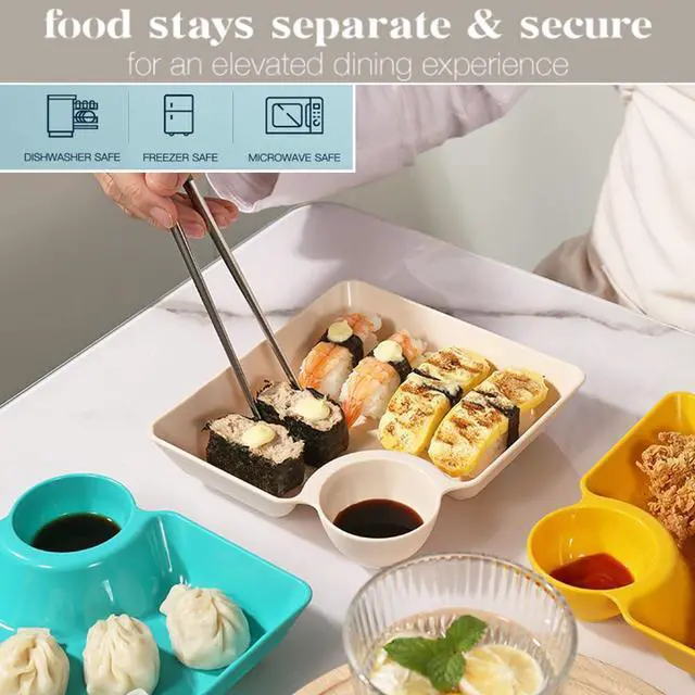 Alt view image 4 of 7 - 4 Pcs Chips and Salsa Serving Dish Plates, Veggie Platter Dipping Serving Trays with Sauce Rack for Buffet Family Party Appetizer Sushi Taco Salsa Charcuterie Barbecue Plate, Reusable (White 4PCS)