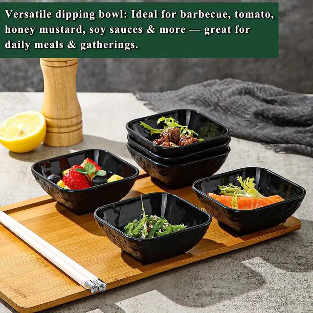Alt view image 7 of 7 - Dip Bowls Set 6pcs, 6 oz Black Plastic Dipping Bowls, Matte Stone Texture Soy Sauce Plates, Mini Appetizer Bowls for Side Dishes, Condiment Server for Tomato Sauce, Ketchup, BBQ, Party