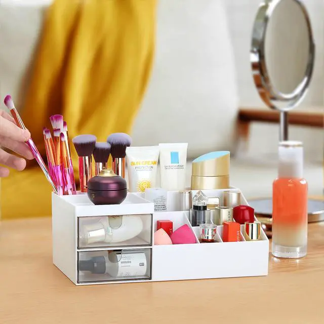 Alt view image 6 of 7 - Desk Organizer, Cosmetic Makeup Vanity Organizer Box, Bathroom Counter Makeup Storage for Eyeshadows, Skin Care, Concealers, Powders, Nail Polish (White)