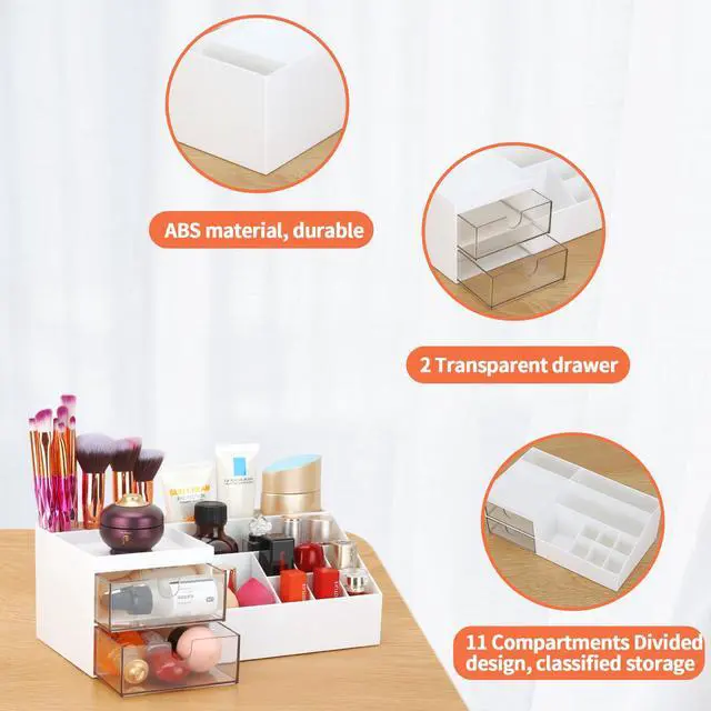 Alt view image 7 of 7 - Desk Organizer, Cosmetic Makeup Vanity Organizer Box, Bathroom Counter Makeup Storage for Eyeshadows, Skin Care, Concealers, Powders, Nail Polish (White)