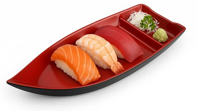 Main image of 10 inch Sushi Boat Japanese Sashimi Sushi Serving Plate with Sauce Divider, Melamine Chip and Dip Plate for Snack, Appetizer, Red/Black, 1-Pack