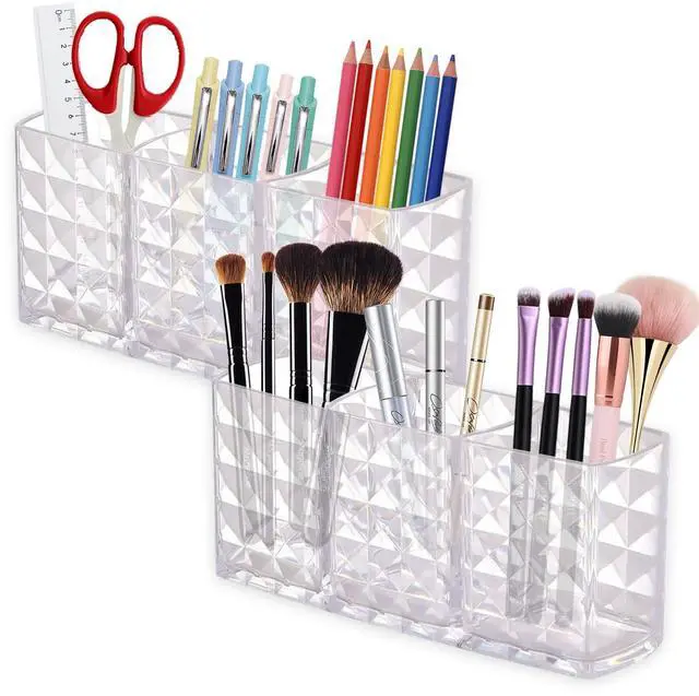 Main image of 2 Pcs Acrylic Makeup Brush Holder,3 Compartment Cosmetic Organizer,Bathroom Vanity Countertop Storage for Brushes Beauty Tools Pencils Pens Bathroom Living Room