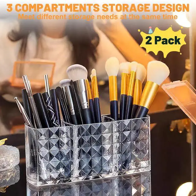 Alt view image 3 of 7 - 2 Pcs Acrylic Makeup Brush Holder,3 Compartment Cosmetic Organizer,Bathroom Vanity Countertop Storage for Brushes Beauty Tools Pencils Pens Bathroom Living Room