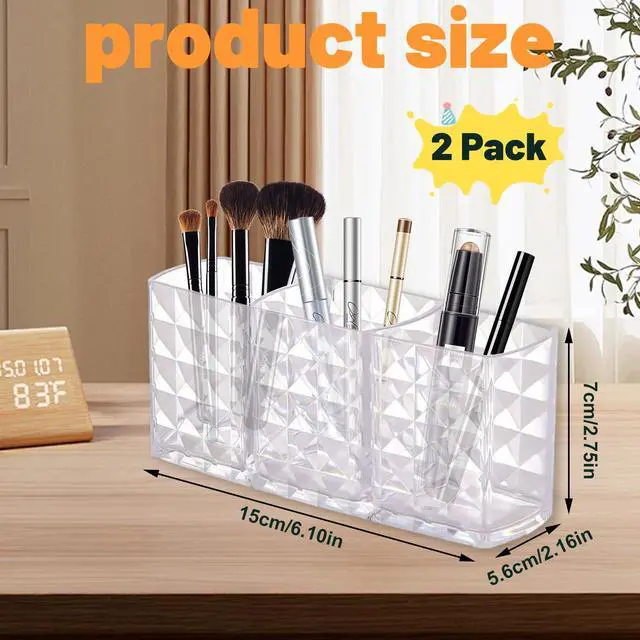 Alt view image 2 of 7 - 2 Pcs Acrylic Makeup Brush Holder,3 Compartment Cosmetic Organizer,Bathroom Vanity Countertop Storage for Brushes Beauty Tools Pencils Pens Bathroom Living Room