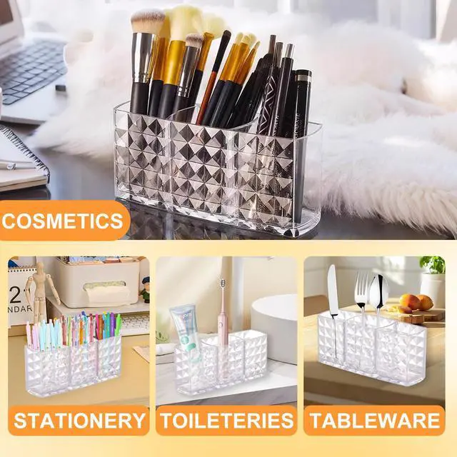 Alt view image 5 of 7 - 2 Pcs Acrylic Makeup Brush Holder,3 Compartment Cosmetic Organizer,Bathroom Vanity Countertop Storage for Brushes Beauty Tools Pencils Pens Bathroom Living Room