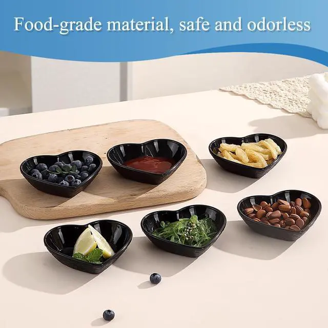 Alt view image 6 of 7 - Dipping Bowls, 3oz Soy Sauce Dish, Pturdy Plastic Small Bowls Set of 6, Black Love Heart Mini Appetizer Plates for Sauce, Soy Sauce, Condiment, Side Dishes, Sushi, Ketchup, BBQ Party